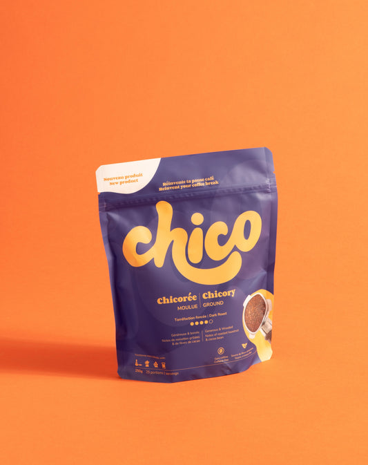 Sac de chicoree moulue Chico de torrefaction foncee sur fond orange