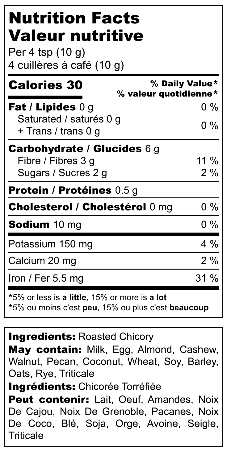 Tableau des valeurs nutritives de la chicoree moulue Chico