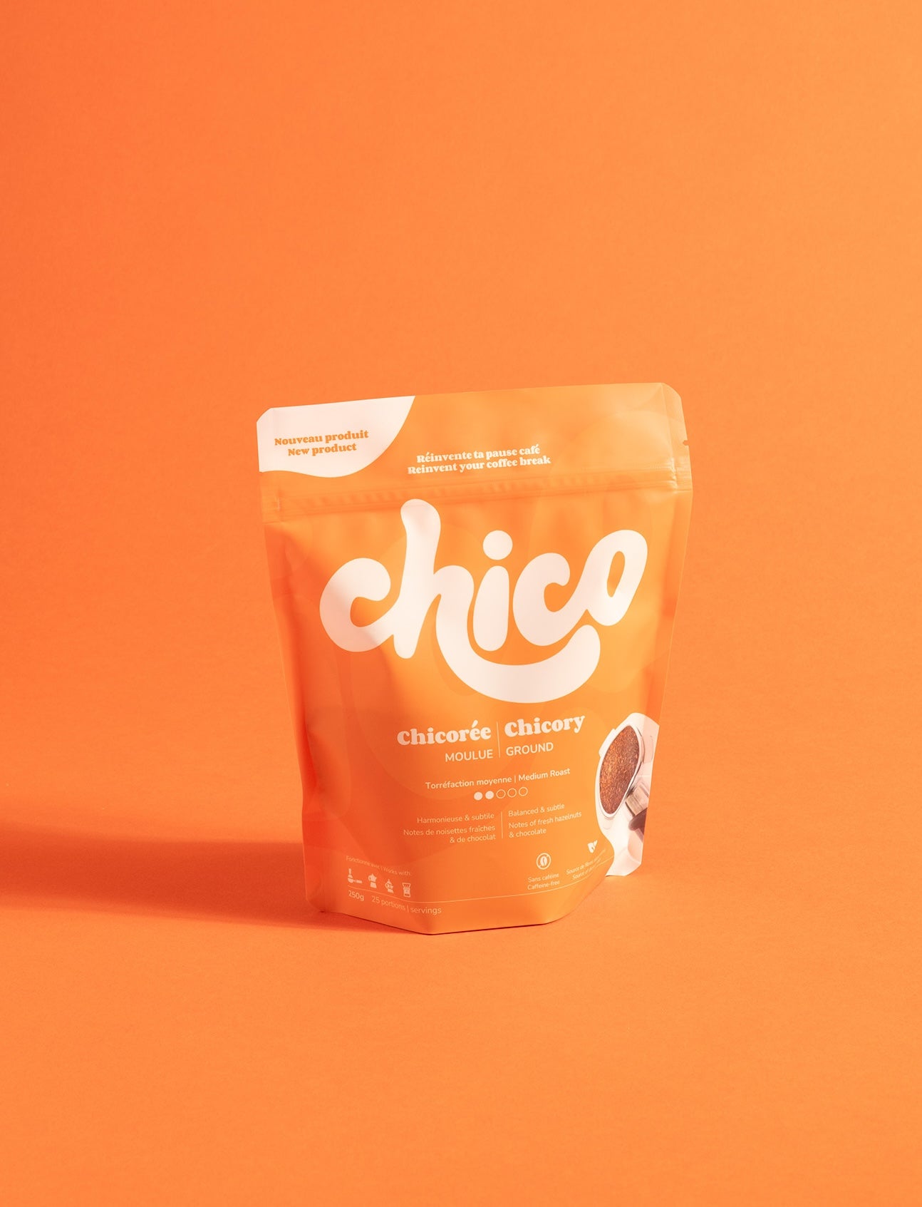 Sac de chicoree Chico de torrefaction moyenne sur fond orange
