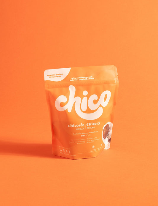 Sac de chicoree Chico de torrefaction moyenne sur fond orange