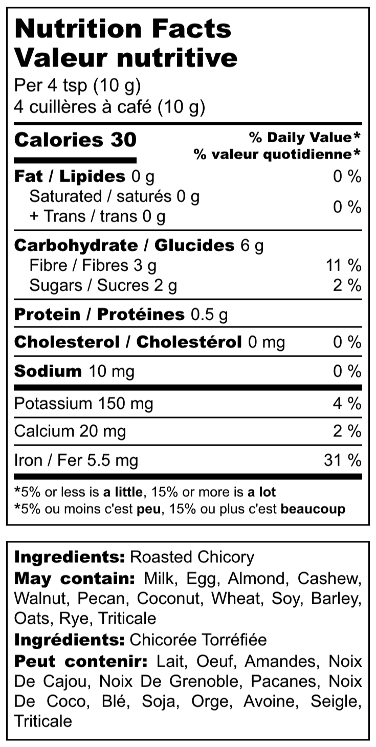 Tableau des valeurs nutritives de la chicoree moulue Chico